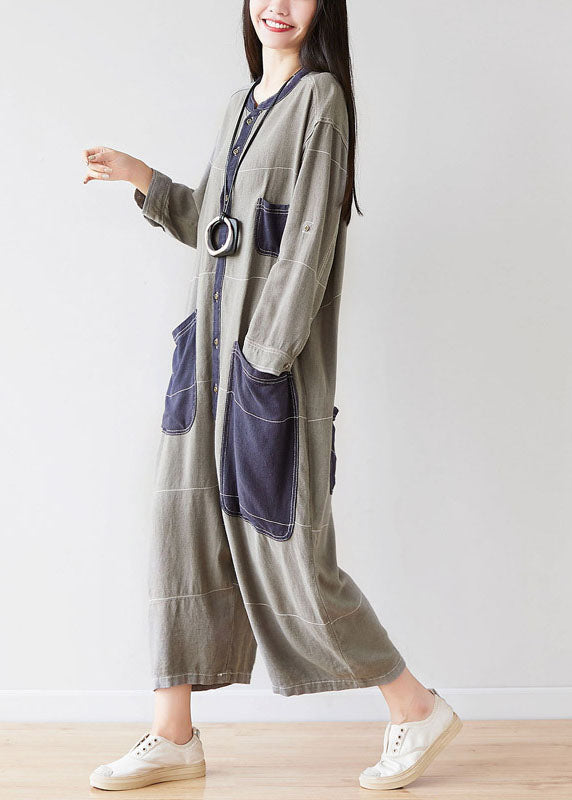 Style O-neck Grey Pockets Patchwork Jumpsuits Spring