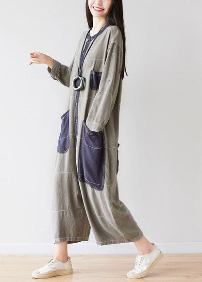 Style O-neck Grey Pockets Patchwork Jumpsuits Spring