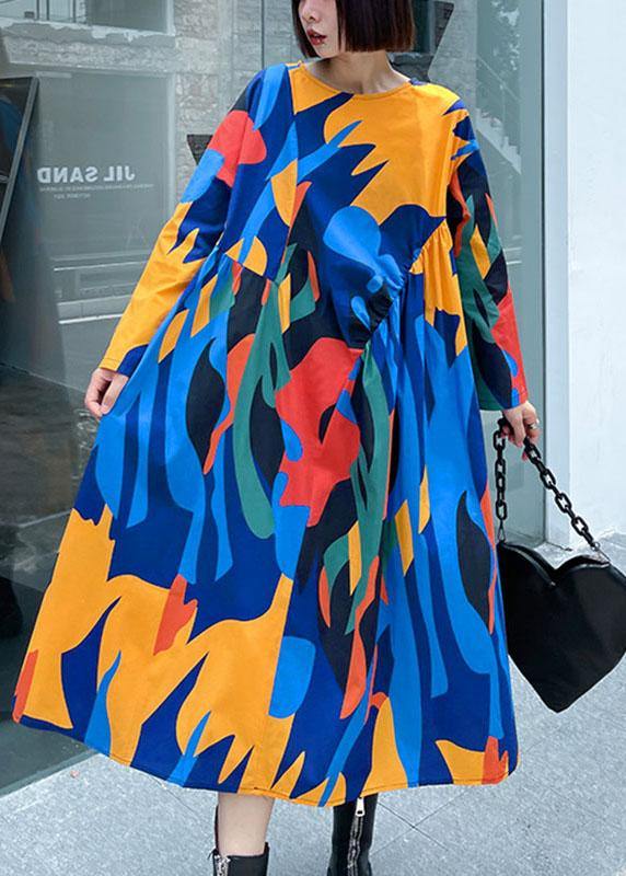 Style O-neck Pockets Print Fall Patchwork Dresses Long Sleeve