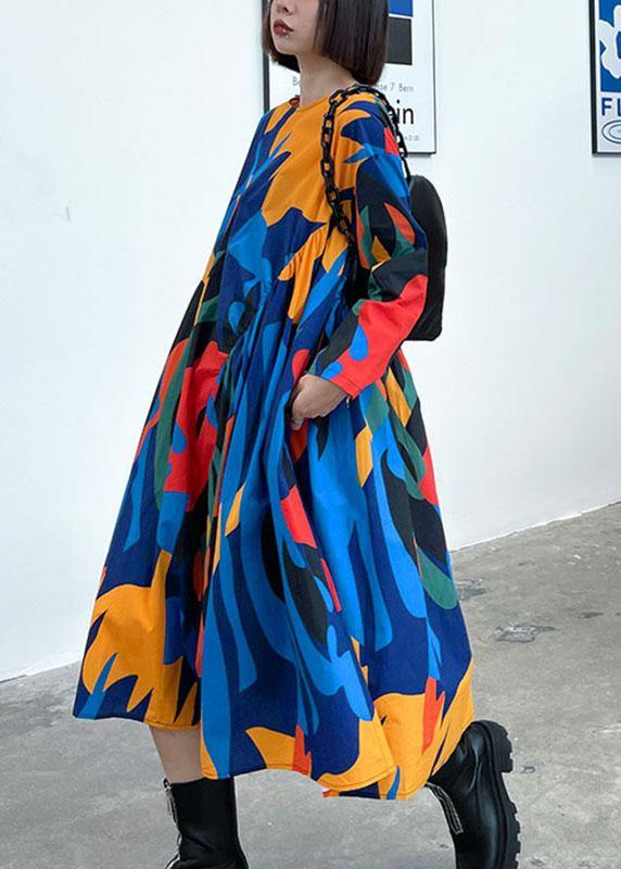 Style O-neck Pockets Print Fall Patchwork Dresses Long Sleeve