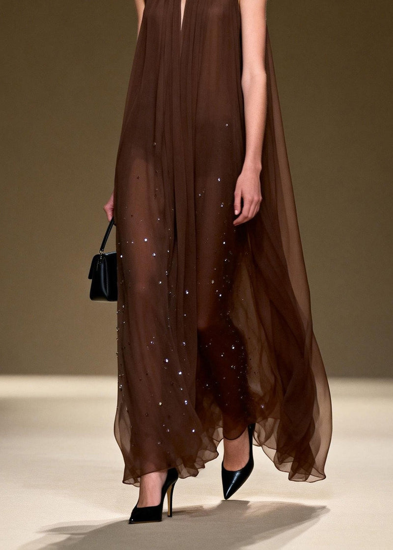 Style O Neck Wrinkled Zircon Chiffon Long Dresses Sleeveless