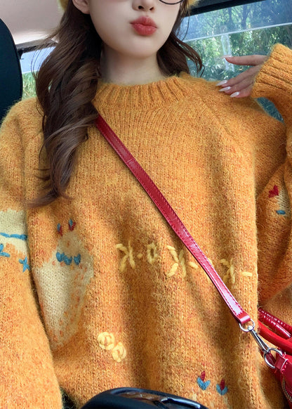 Style Orange O Neck Character Knit Sweater Tops Spring