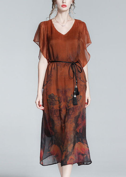 Style Orange O-neck Print Tie Waist Silk Holiday Long Dress Short Sleeve