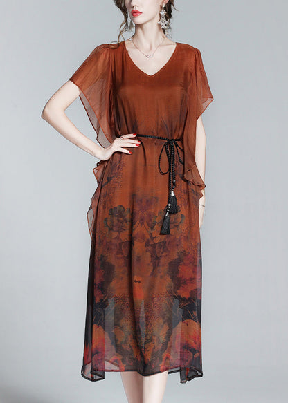 Style Orange O-neck Print Tie Waist Silk Holiday Long Dress Short Sleeve