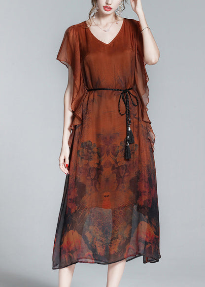 Style Orange O-neck Print Tie Waist Silk Holiday Long Dress Short Sleeve