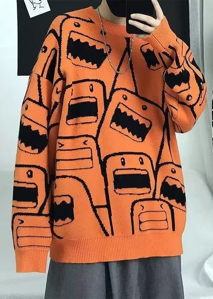 Style Orange O Neck Thick Print Knit Sweater Tops Winter