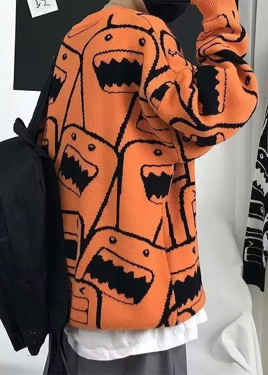 Style Orange O Neck Thick Print Knit Sweater Tops Winter