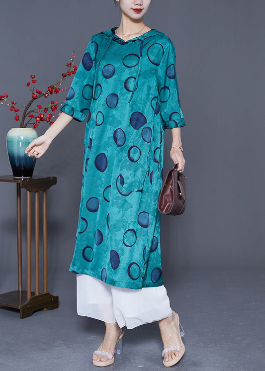 Style Peacock Blue Hooded Print Wear on Both Sides Silk Long Dress Summer