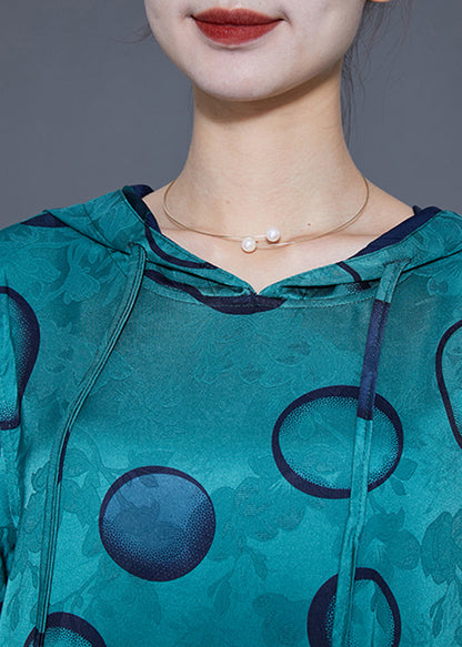 Style Peacock Blue Hooded Print Wear on Both Sides Silk Long Dress Summer
