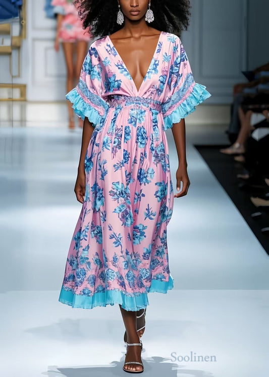 Style Pink Deep-v Neck Print Silk Dress Summer