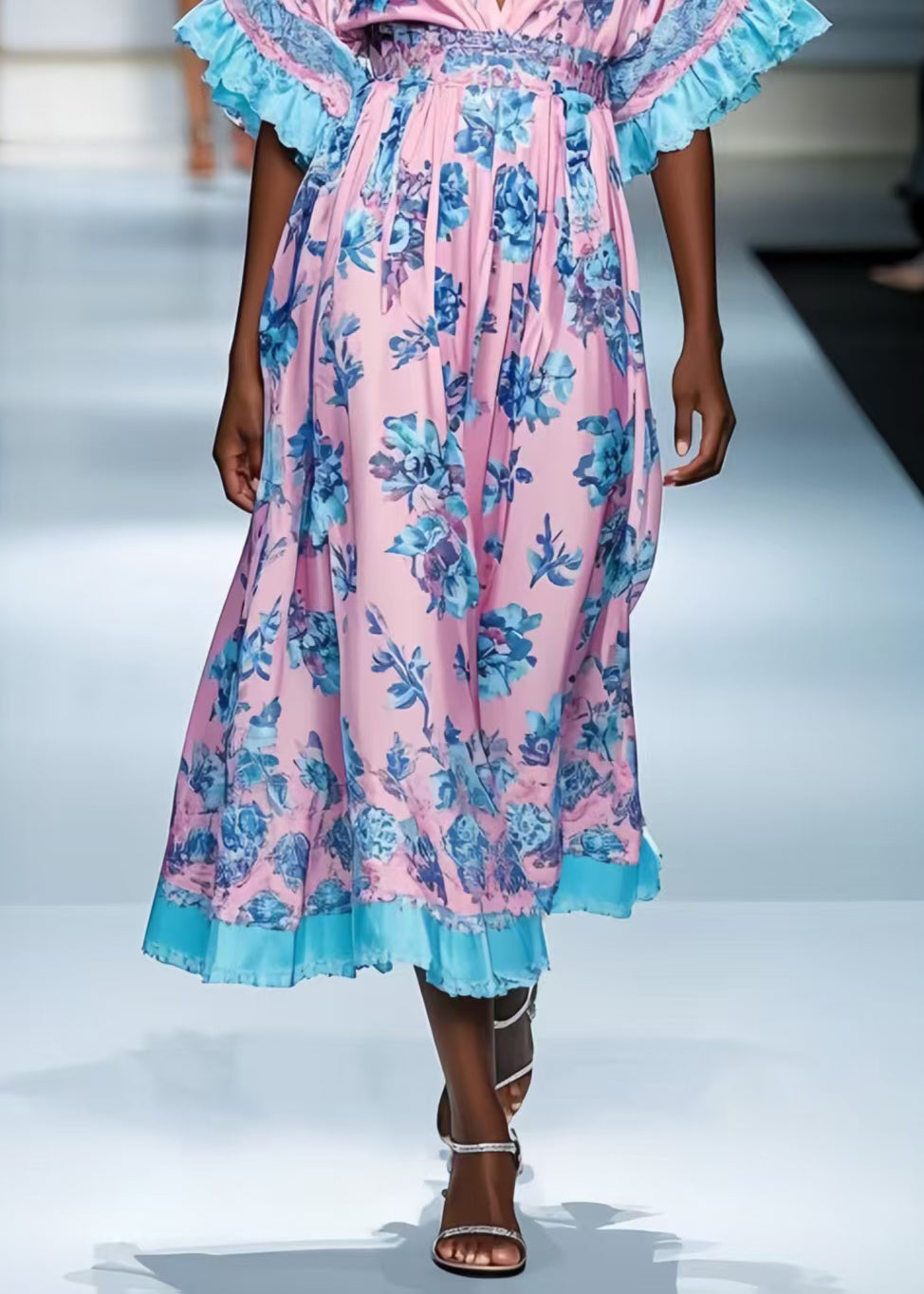 Style Pink Deep-v Neck Print Silk Dress Summer