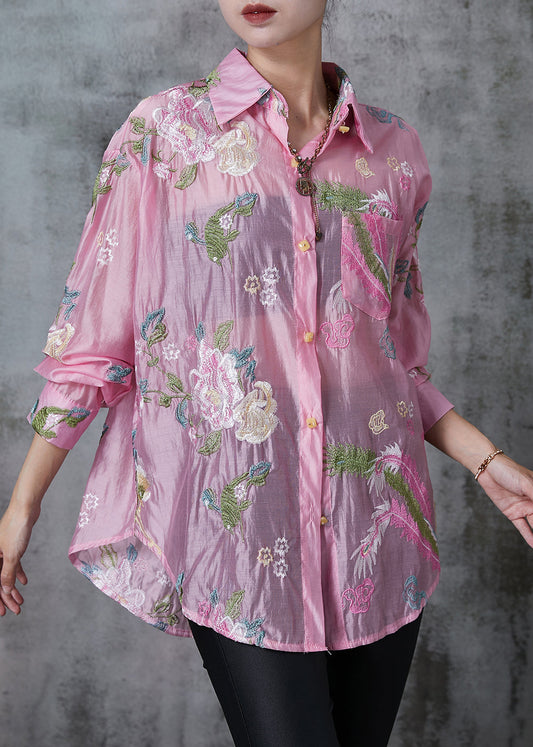 Style Pink Embroidered Linen Silk Upf 50+ Top Summer