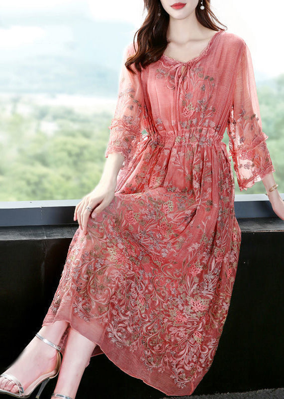 Style Pink O-neck Cinched Embroideried Silk Maxi Dress Bracelet Sleeve