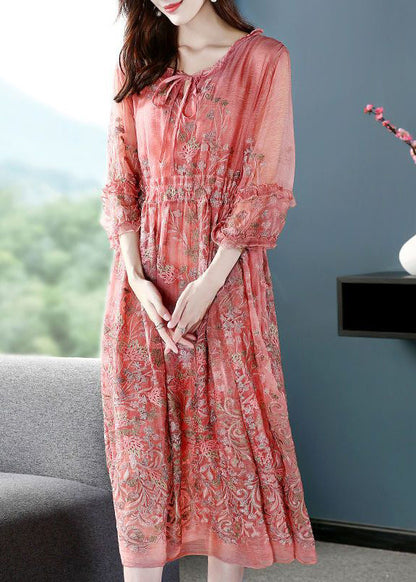 Style Pink O-neck Cinched Embroideried Silk Maxi Dress Bracelet Sleeve