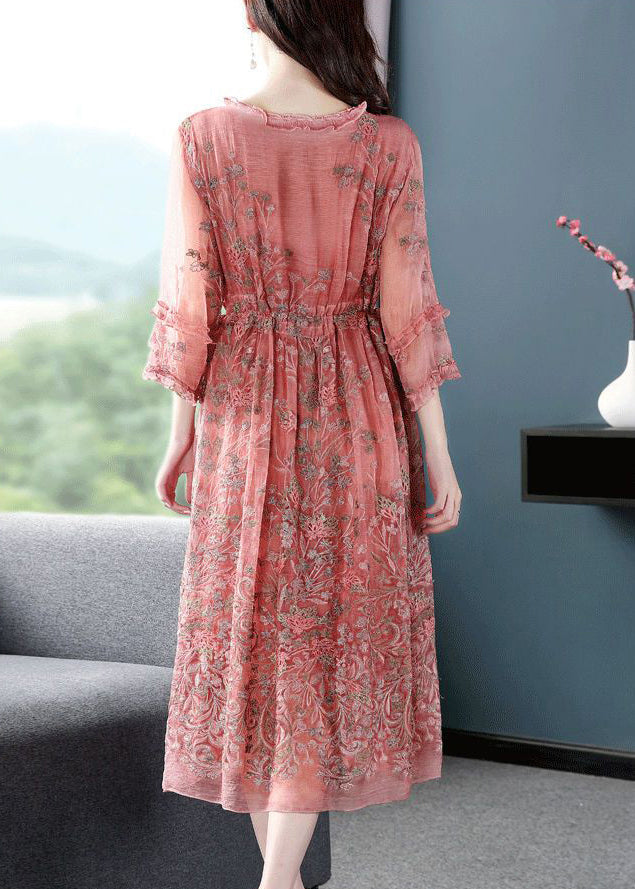 Style Pink O-neck Cinched Embroideried Silk Maxi Dress Bracelet Sleeve