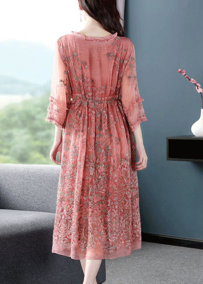 Style Pink O-neck Cinched Embroideried Silk Maxi Dress Bracelet Sleeve