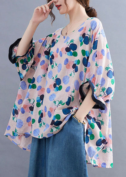 Style Pink O-neck Print Asymmetrical Design Ruffled Fall Half Sleeve Top
