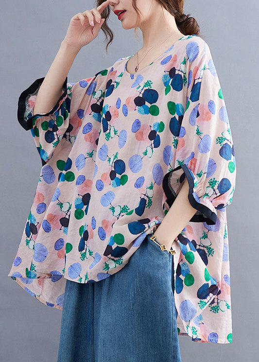 Style Pink O-neck Print Asymmetrical Design Ruffled Fall Half Sleeve Top