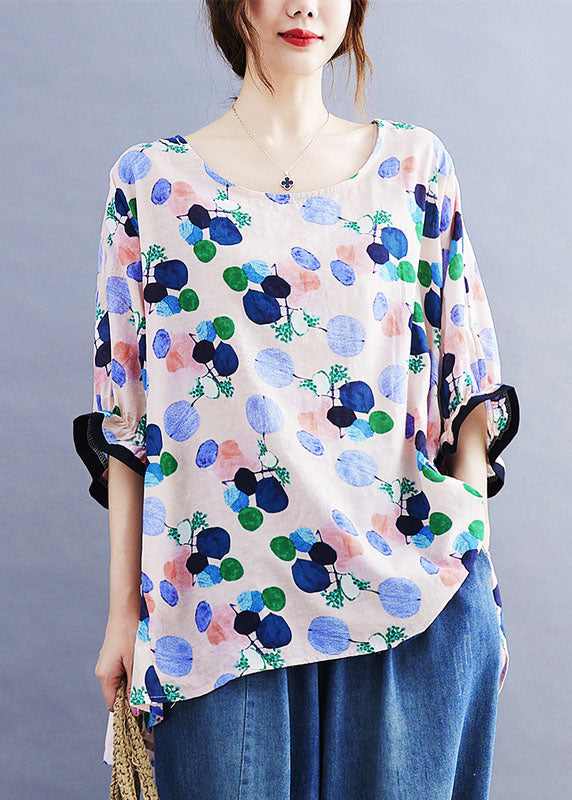 Style Pink O-neck Print Asymmetrical Design Ruffled Fall Half Sleeve Top
