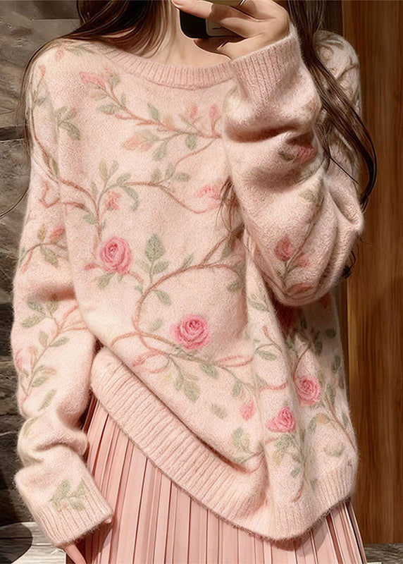 Style Pink O Neck Thick Knit Sweater Tops Winter