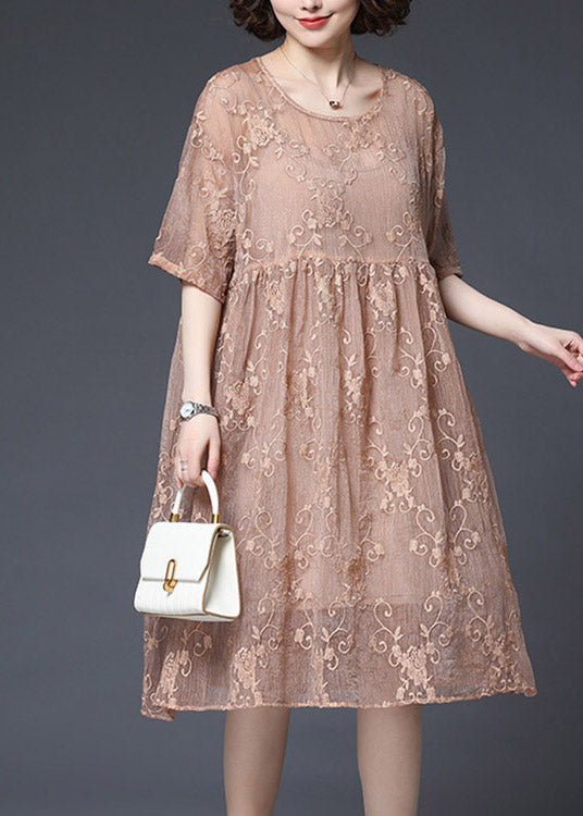 Style Pink O-neck Embroidery Wrinkled Lace Dress Two Piece Set Short Sleeve