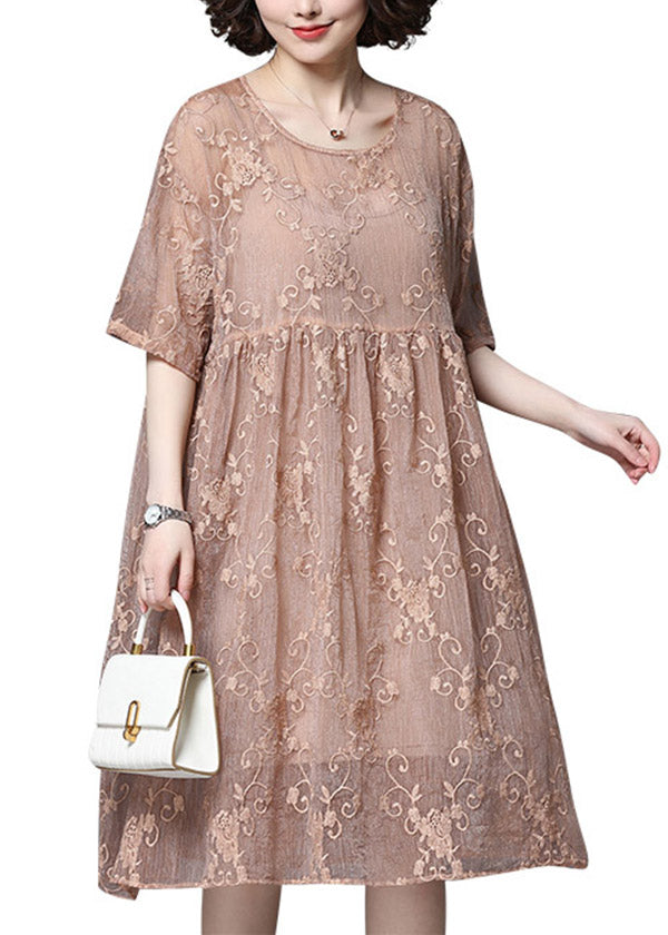 Style Pink O-neck Embroidery Wrinkled Lace Dress Two Piece Set Short Sleeve