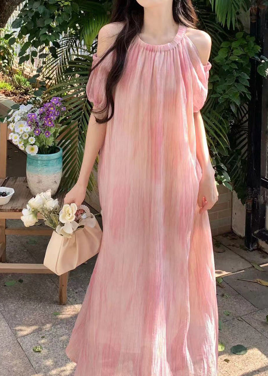 Style Pink Off the Shoulder Puff Sleeve Chiffon Dress