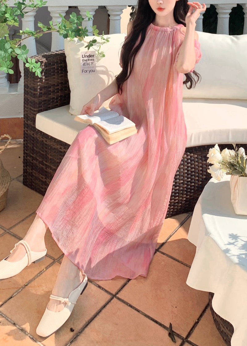 Style Pink Off the Shoulder Puff Sleeve Chiffon Dress