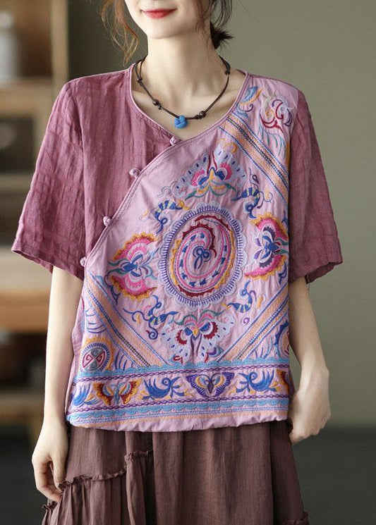Style Pink Print Side Open Tie Summer Linen Blouses Half Sleeve