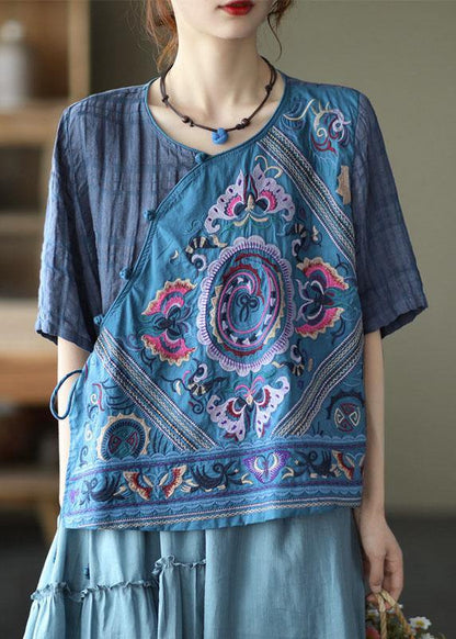 Style Pink Print Side Open Tie Summer Linen Blouses Half Sleeve