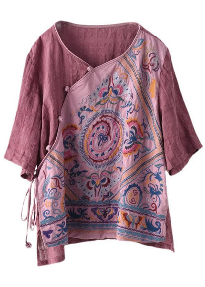 Style Pink Print Side Open Tie Summer Linen Blouses Half Sleeve