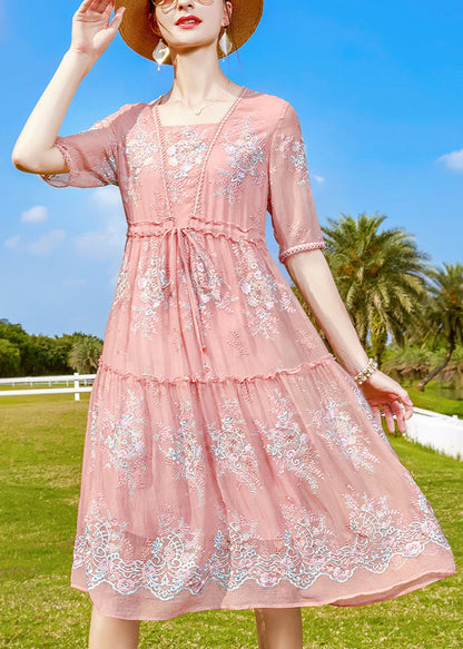 Style Pink Ruffled Print Tie Waist Cotton Blend Dress Short Sleeve