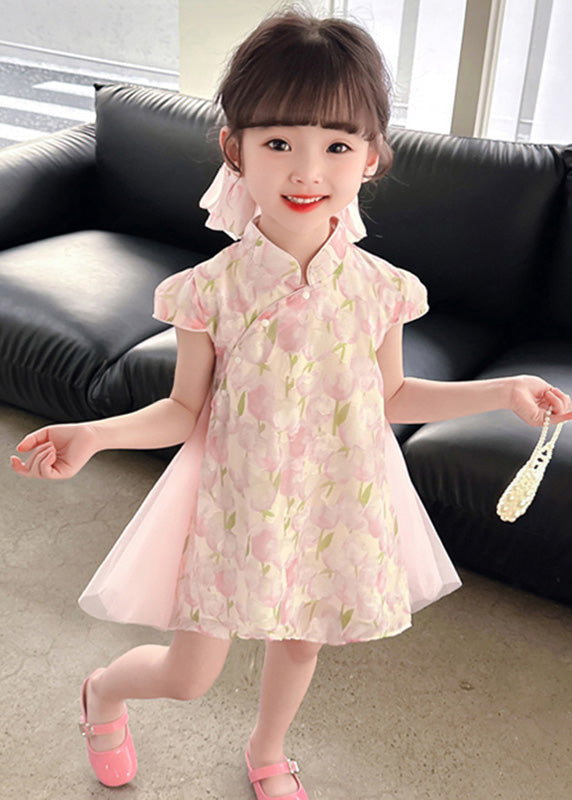 Style Pink Stand Collar Print Tulle Patchwork Button Mid Dress Short Sleeve
