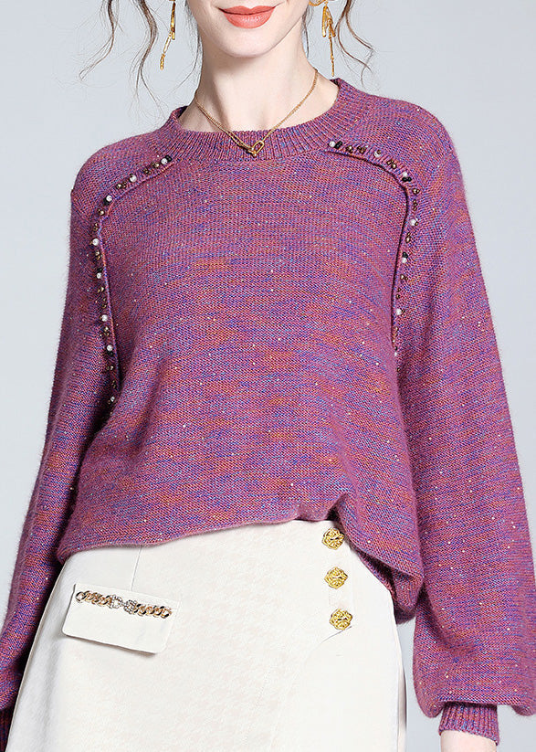 Style Purple O-neck Nail Bead Cashmere Knit Sweaters Spring