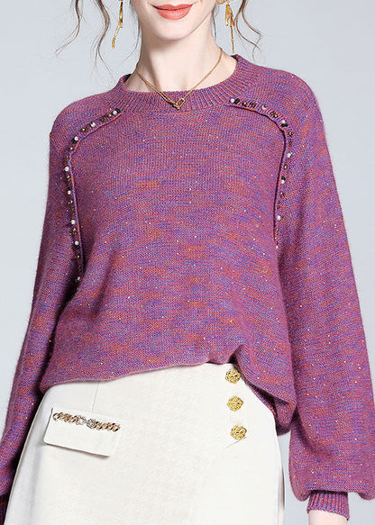 Style Purple O-neck Nail Bead Cashmere Knit Sweaters Spring