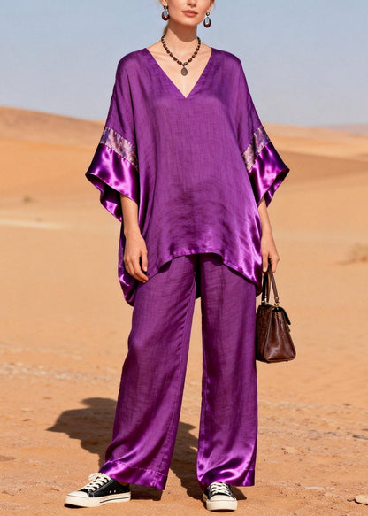 Style Purple Oversized Patchwork Silk Linen Two Pieces Set Summer