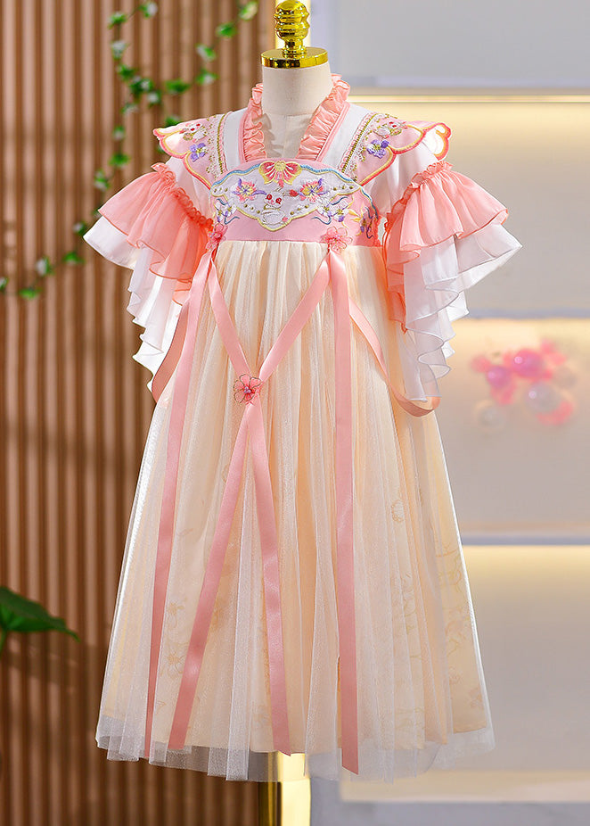 Style Purple Ruffled Embroideried Patchwork Kids Long Dresses Summer