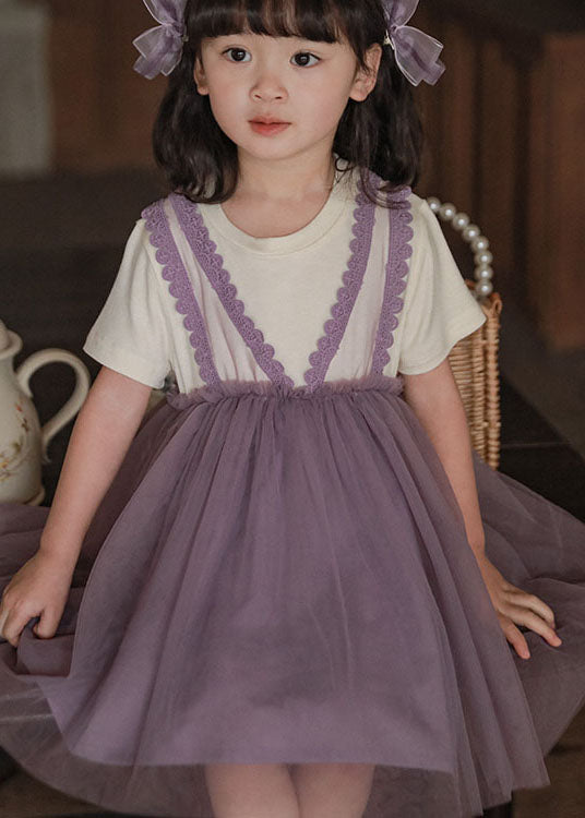 Style Purple Wrinkled Lace Patchwork False Two Pieces Tulle Baby Dress Summer
