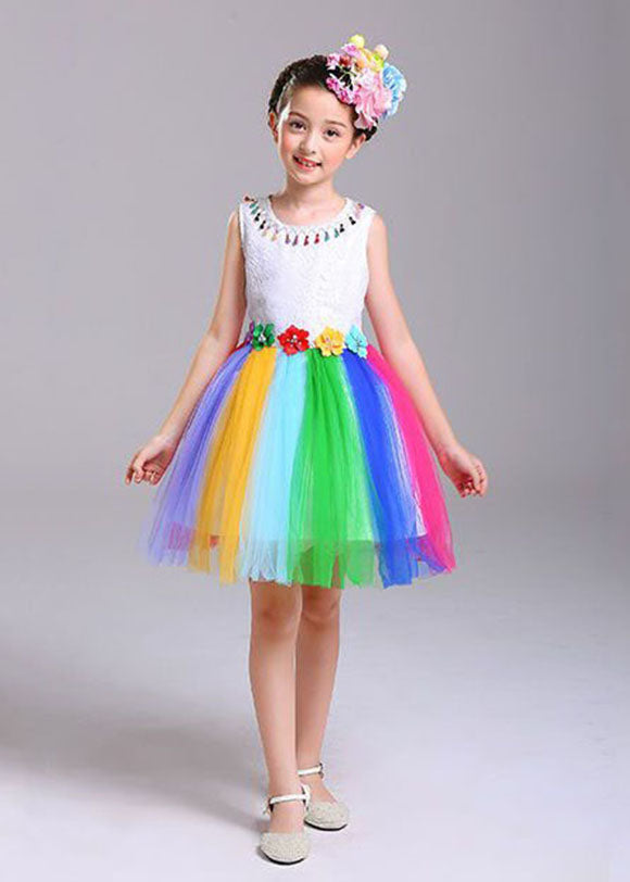 Style Rainbow O Neck Patchwork Tulle Kids Dresses Sleeveless
