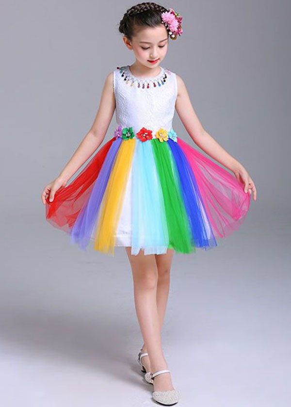 Style Rainbow O Neck Patchwork Tulle Kids Dresses Sleeveless