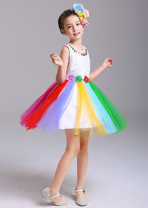 Style Rainbow O Neck Patchwork Tulle Kids Dresses Sleeveless