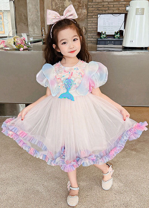 Style Rainbow Ruffled Patchwork Tulle Kids Dress Summer