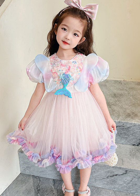 Style Rainbow Ruffled Patchwork Tulle Kids Dress Summer