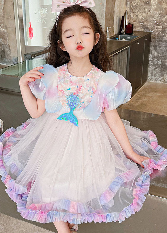 Style Rainbow Ruffled Patchwork Tulle Kids Dress Summer