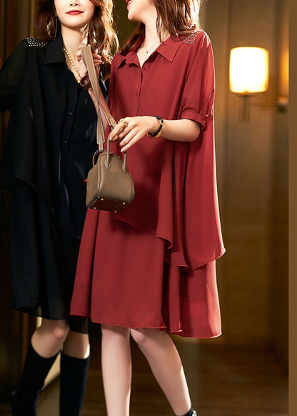 Style Red Asymmetrical Button Patchwork Chiffon Dresses Summer