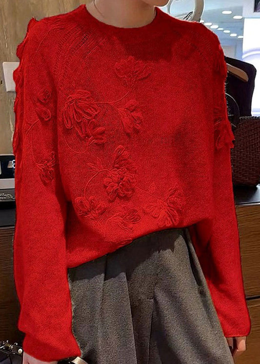 Style Red Cozy Embroidered Thick Cotton Knit Sweater Fall