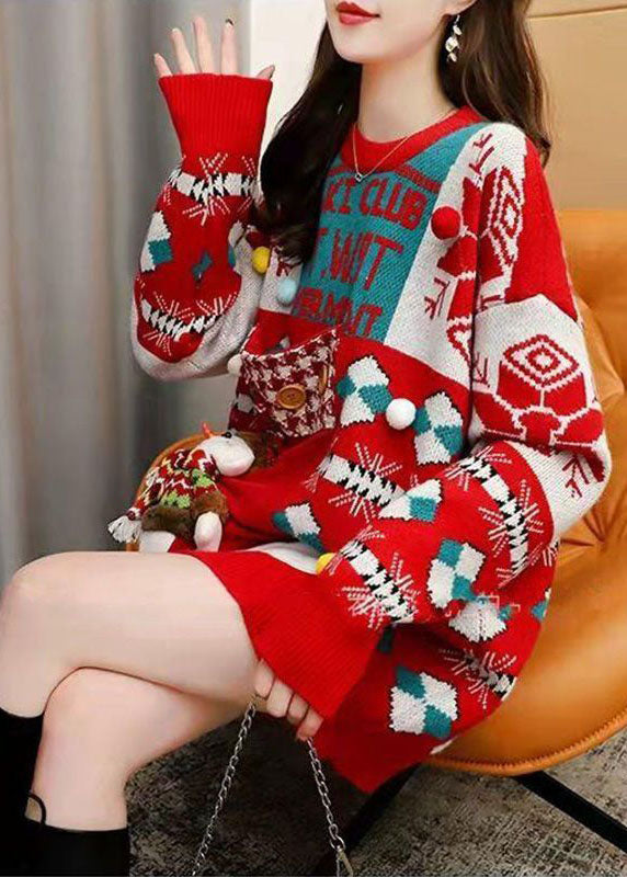 Style Red O-neck Oversized Christmas Print Knit Long Sweater Winter