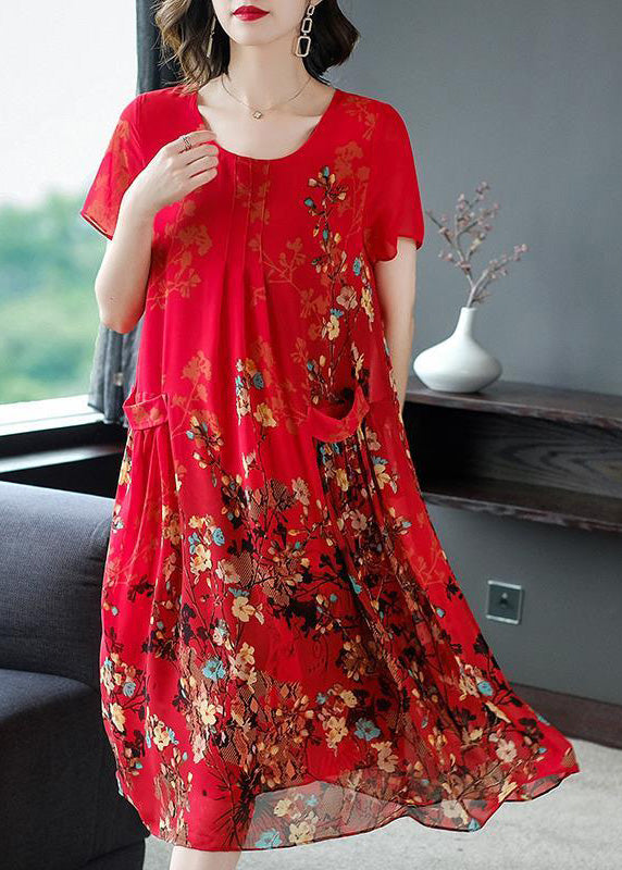 Style Red O-neck Print Chiffon Maxi Dresses Summer