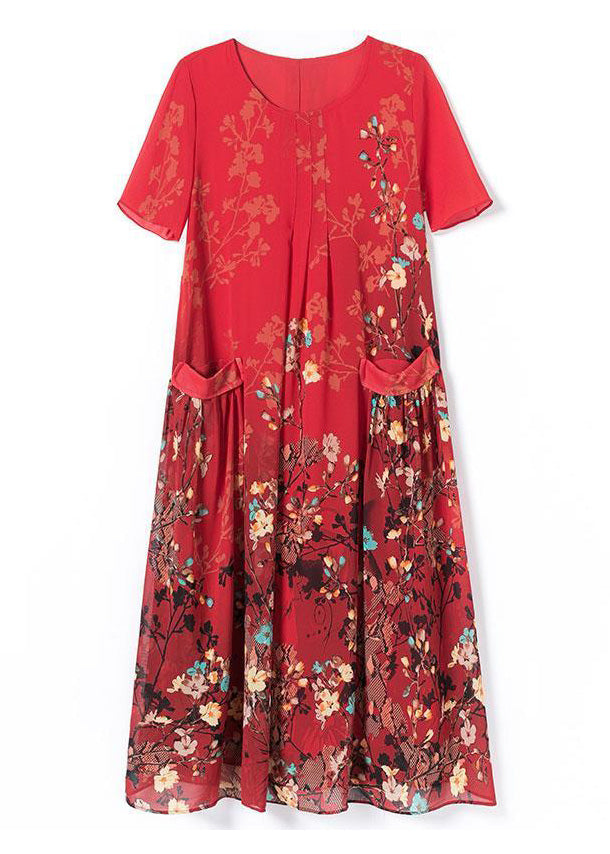 Style Red O-neck Print Chiffon Maxi Dresses Summer