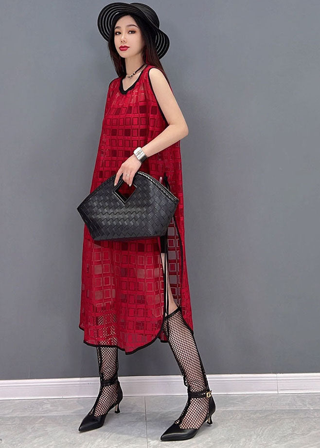 Style Red O-neck Side Open Plaid Chiffon Long Dress Sleeveless